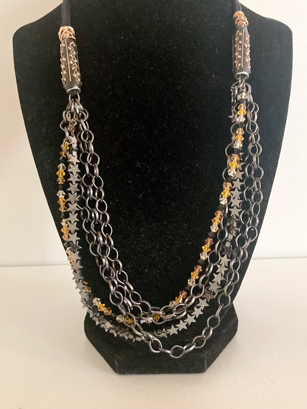 Multi-Strand Black and Gold tone Star beaded Chain cord preloved Necklace